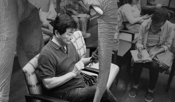 Elephant Standing Over Man in Crowded Hospital Waiting Room